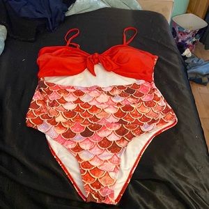 SHEIN 4XL red and pink mermaid print one piece swimsuit